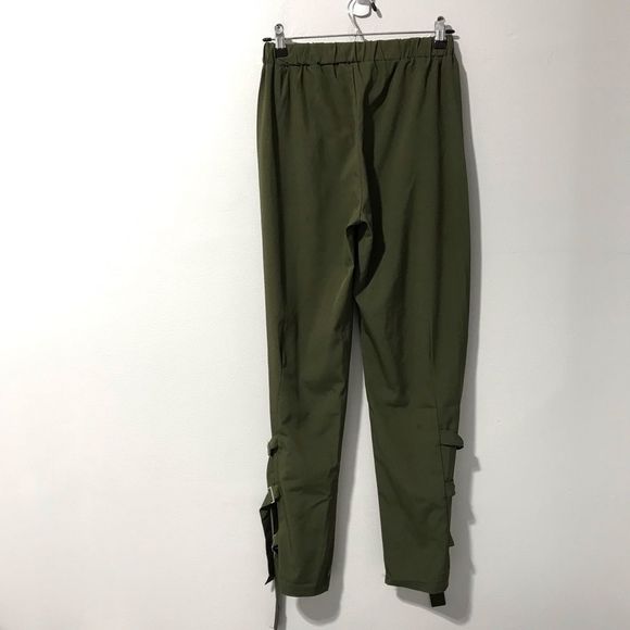 Army Green Buckle Elastic High Waist Trousers - Picture 2 of 5